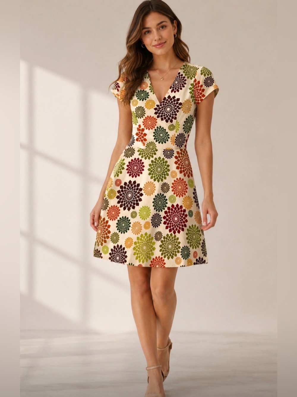 Heartbreaker Floral V-Neck A-Line Dress in Cream with Autumn Blooms